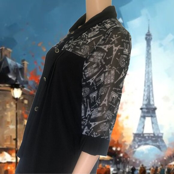 ATELIER 29 Iconic Parisian Imagery White Print Elbow Sleeve Black Blouse Sz L - Picture 4 of 5